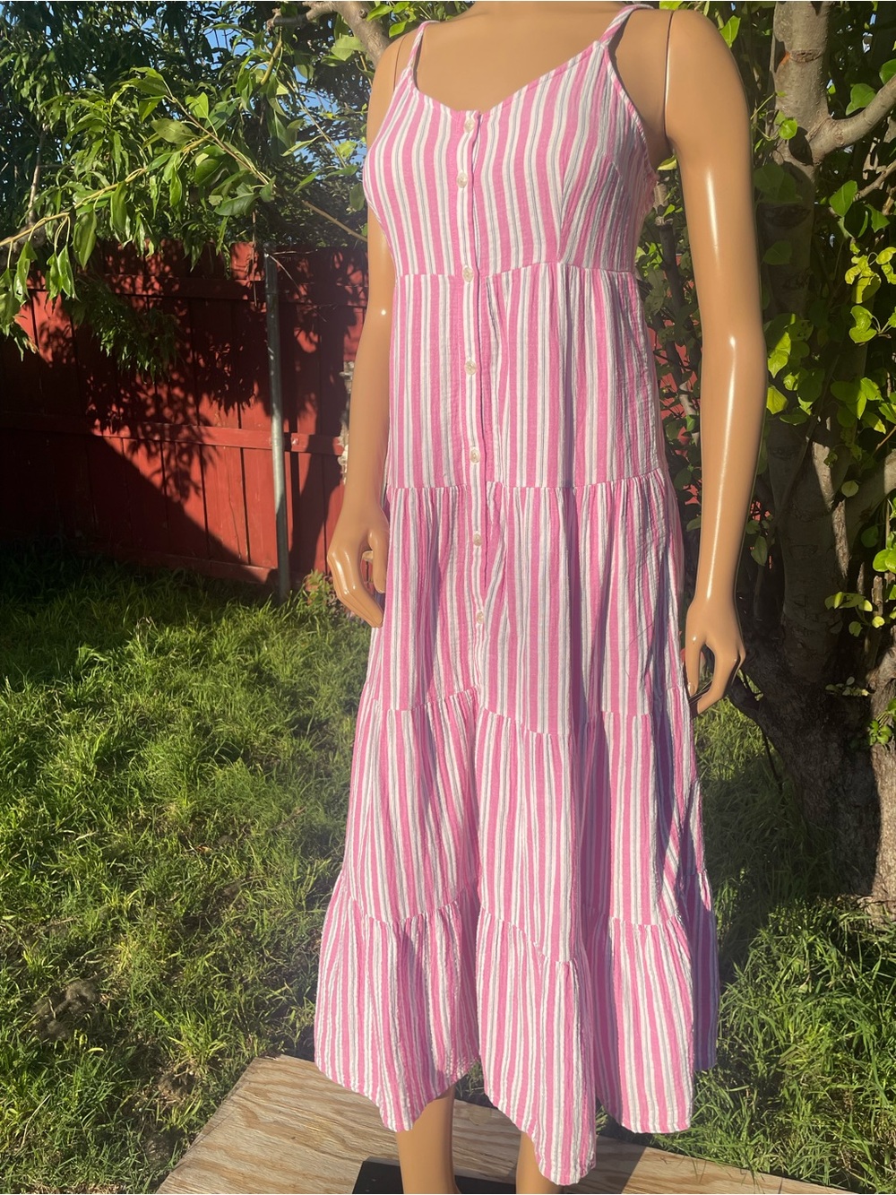 Universal Thread Pink & White Striped Tiered Maxi Dress